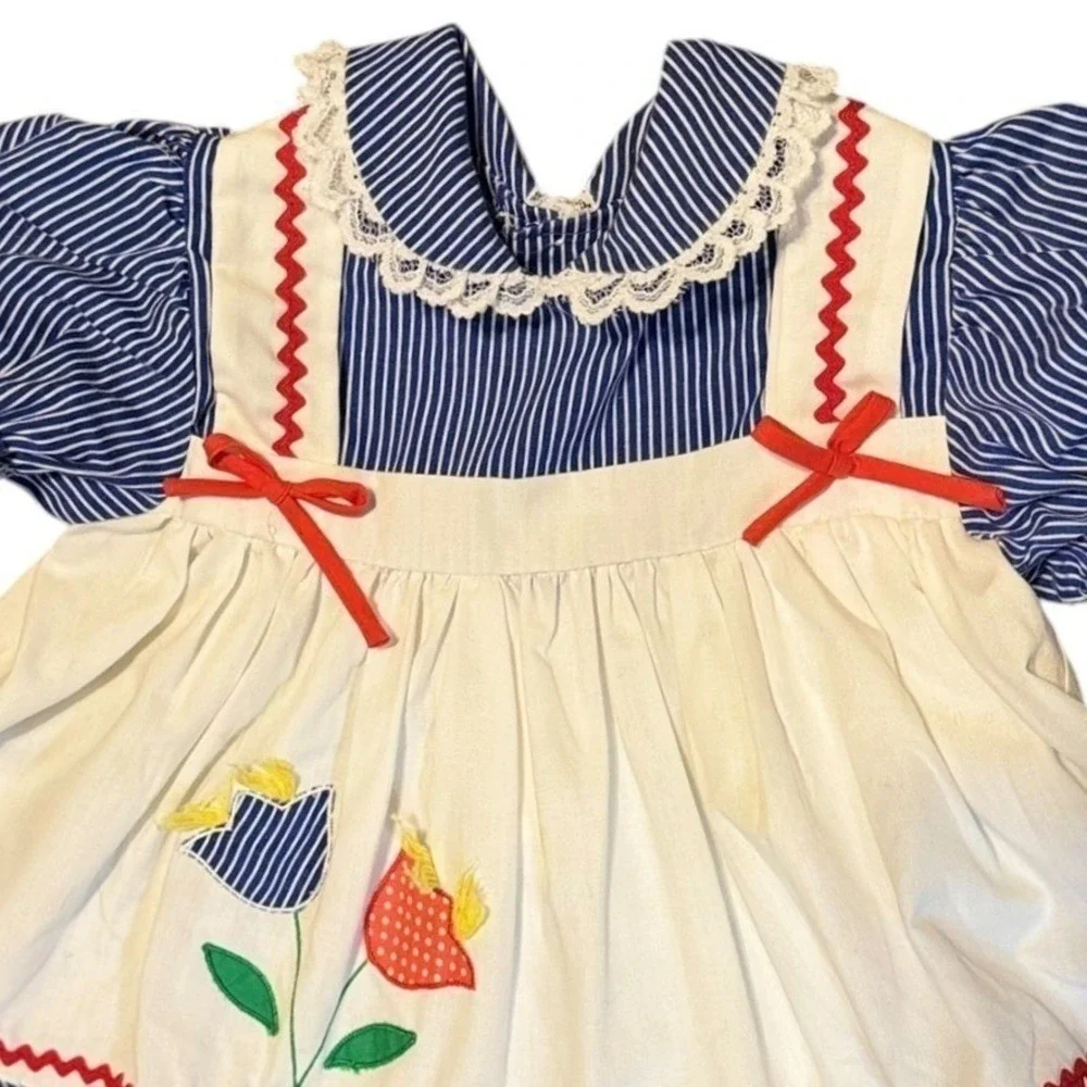 Toddler Girls Pinafore Dress 2T 3T Blue White Prairie Cottagecore Summer 80s Vtg
